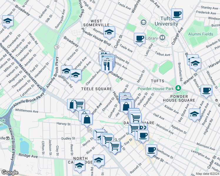 map of restaurants, bars, coffee shops, grocery stores, and more near 19 Cameron Avenue in Somerville