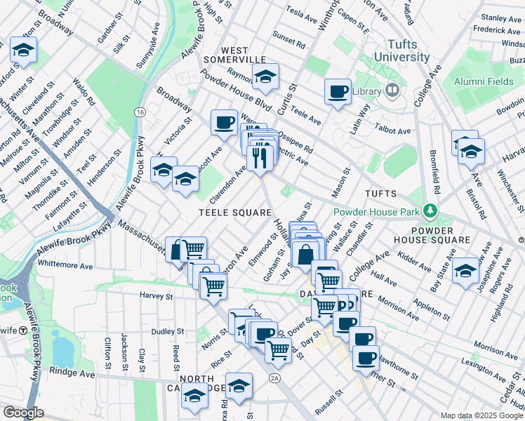 map of restaurants, bars, coffee shops, grocery stores, and more near 19 Cameron Avenue in Somerville