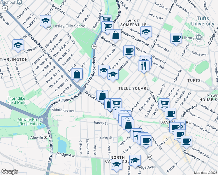map of restaurants, bars, coffee shops, grocery stores, and more near 47 Clarendon Avenue in Cambridge