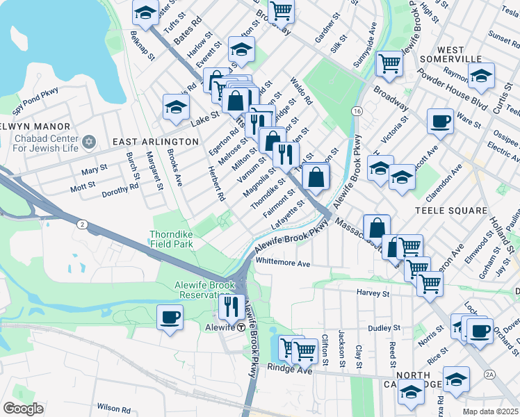 map of restaurants, bars, coffee shops, grocery stores, and more near 58 Fairmont Street in Arlington