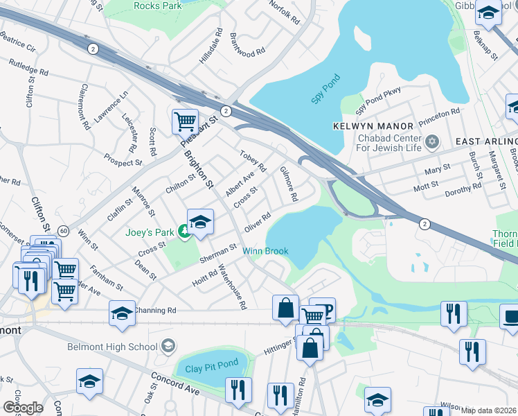 map of restaurants, bars, coffee shops, grocery stores, and more near 37 Oliver Road in Belmont