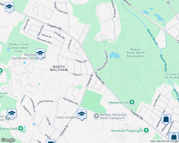 map of restaurants, bars, coffee shops, grocery stores, and more near 490 Forest Street in Waltham