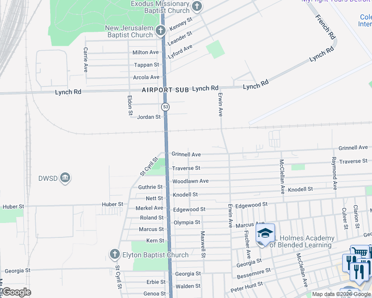 map of restaurants, bars, coffee shops, grocery stores, and more near 8036 Grinnell Avenue in Detroit