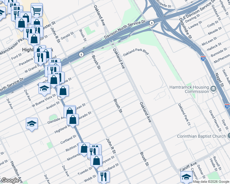 map of restaurants, bars, coffee shops, grocery stores, and more near 165 Colorado Street in Highland Park