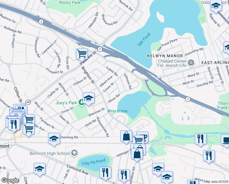 map of restaurants, bars, coffee shops, grocery stores, and more near 37 Oliver Road in Belmont
