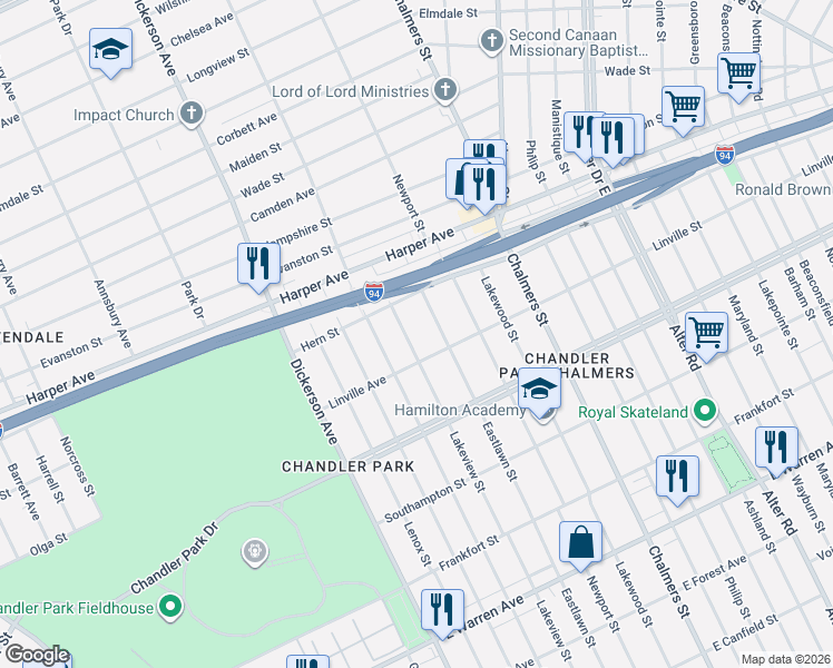 map of restaurants, bars, coffee shops, grocery stores, and more near 5903 Lakeview Street in Detroit