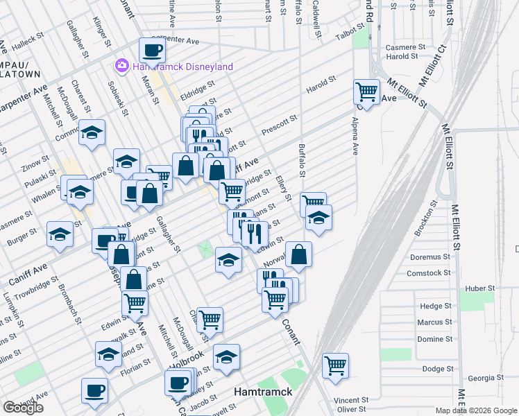 map of restaurants, bars, coffee shops, grocery stores, and more near 3834 Yemans Street in Hamtramck