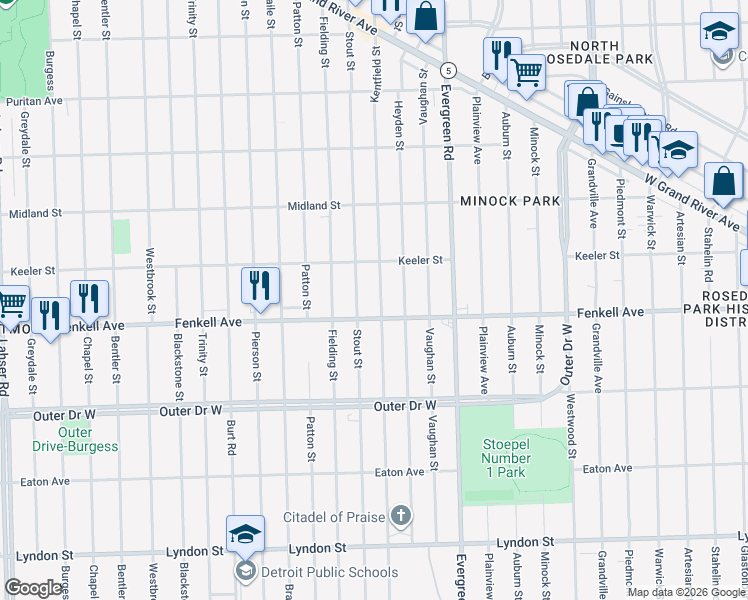 map of restaurants, bars, coffee shops, grocery stores, and more near 20323 Fenkell Avenue in Detroit