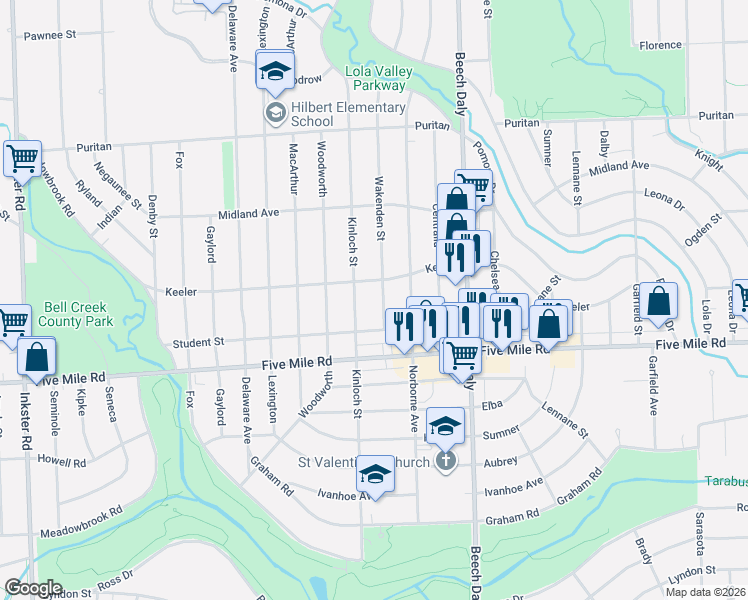 map of restaurants, bars, coffee shops, grocery stores, and more near 26052 Student in Redford Charter Township