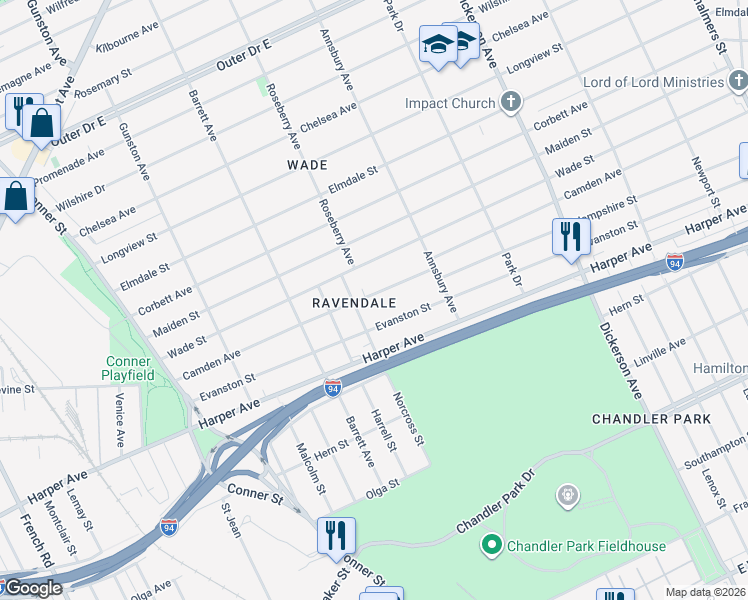 map of restaurants, bars, coffee shops, grocery stores, and more near 12260 Camden Avenue in Detroit