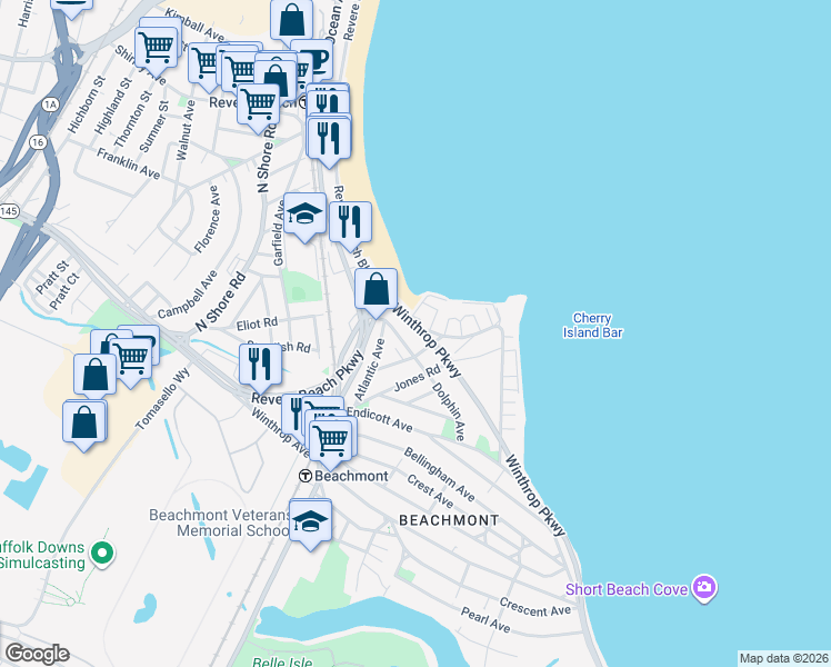 map of restaurants, bars, coffee shops, grocery stores, and more near 26 Wave Avenue in Revere