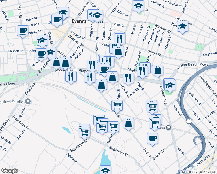 map of restaurants, bars, coffee shops, grocery stores, and more near 15 Garden Street in Everett