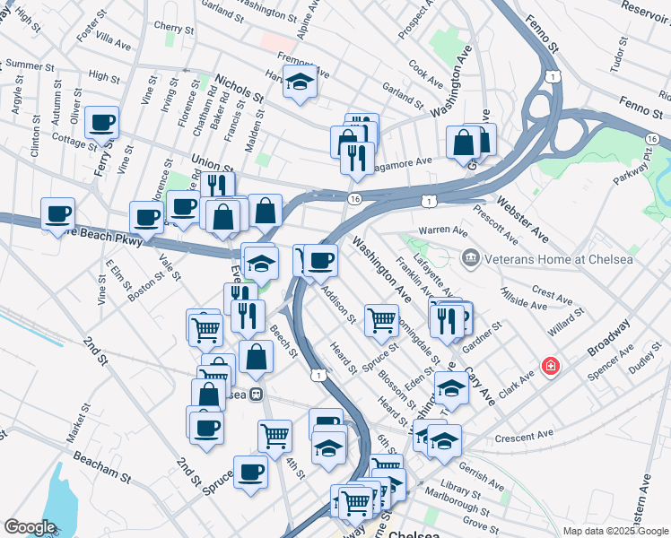 map of restaurants, bars, coffee shops, grocery stores, and more near 139 Addison Street in Chelsea