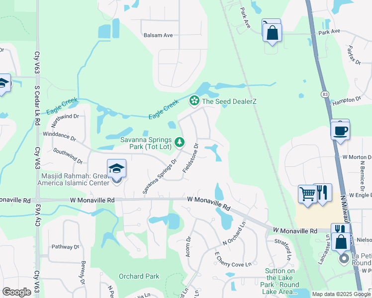 map of restaurants, bars, coffee shops, grocery stores, and more near 112 Oakton Lane in Lake Villa