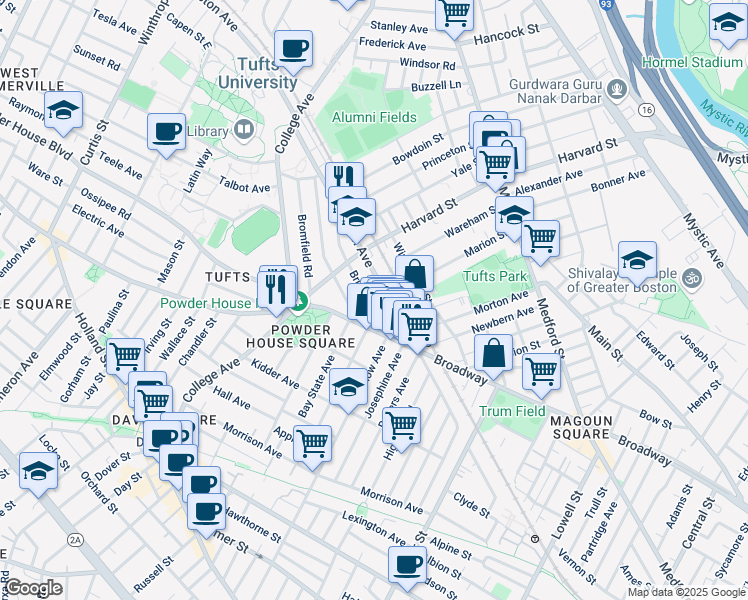 map of restaurants, bars, coffee shops, grocery stores, and more near 601 Boston Avenue in Medford