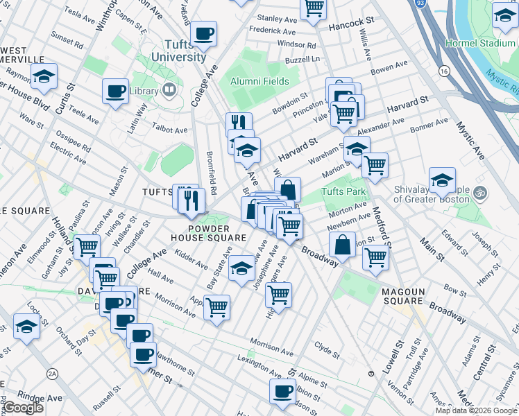 map of restaurants, bars, coffee shops, grocery stores, and more near 601 Boston Avenue in Medford