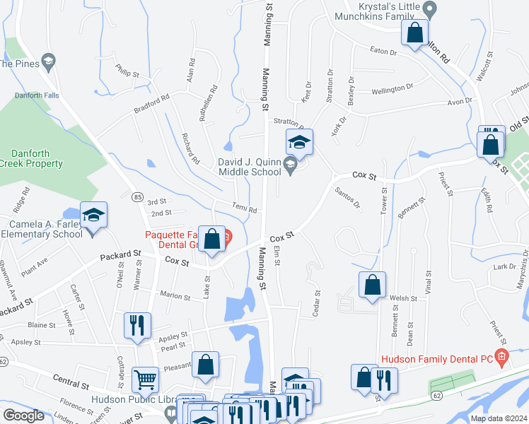 map of restaurants, bars, coffee shops, grocery stores, and more near 160 Manning Street in Hudson
