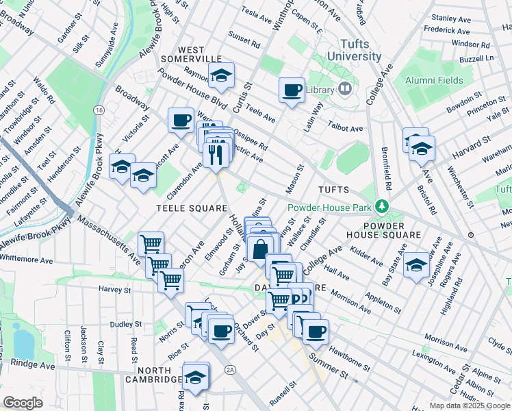 map of restaurants, bars, coffee shops, grocery stores, and more near 1043 Broadway in Somerville