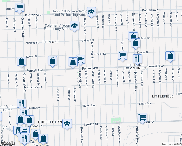 map of restaurants, bars, coffee shops, grocery stores, and more near 15113 Mark Twain Street in Detroit