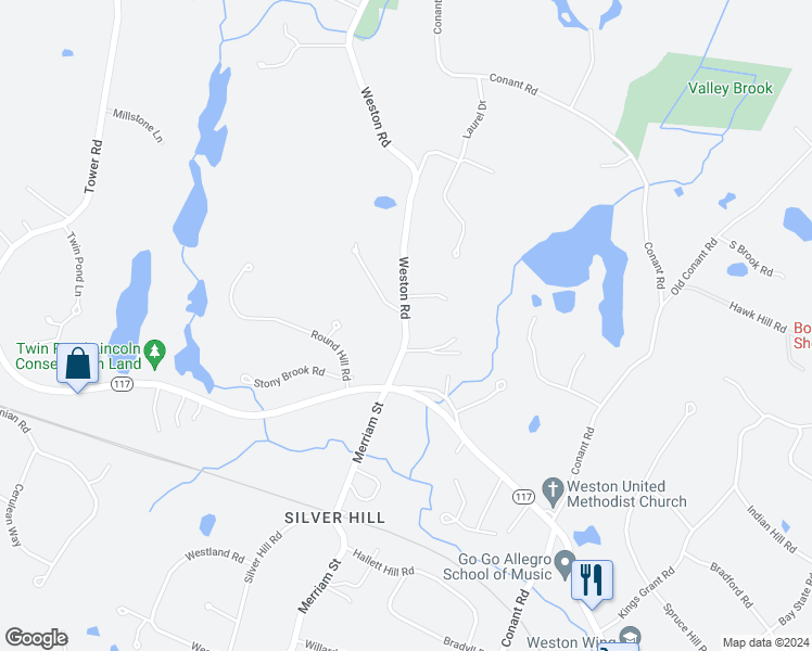 map of restaurants, bars, coffee shops, grocery stores, and more near 230 Weston Road in Lincoln