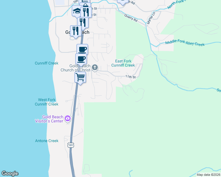 map of restaurants, bars, coffee shops, grocery stores, and more near 94255 Seaview Drive in Gold Beach