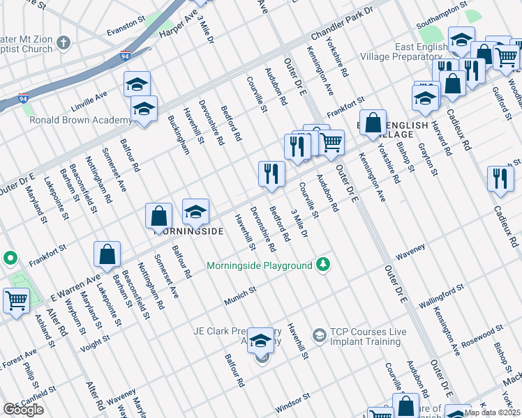 map of restaurants, bars, coffee shops, grocery stores, and more near 4890 Devonshire Road in Detroit