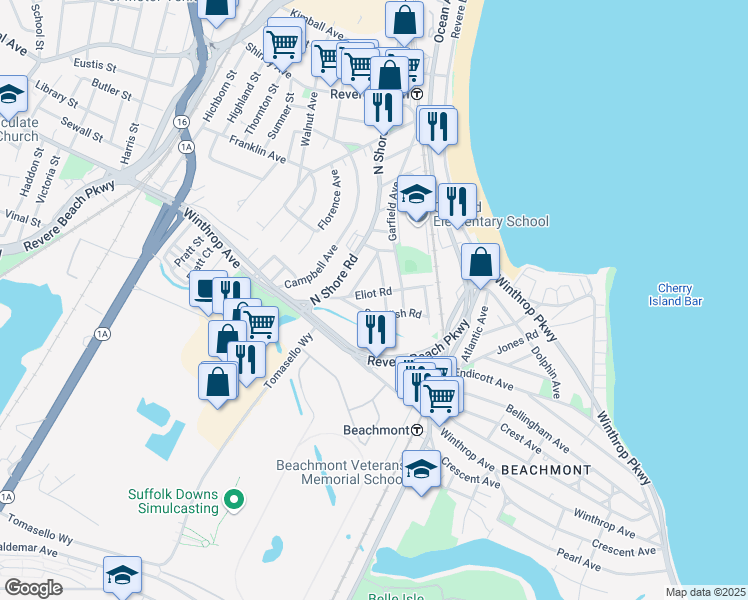 map of restaurants, bars, coffee shops, grocery stores, and more near 37 Clark Road in Revere