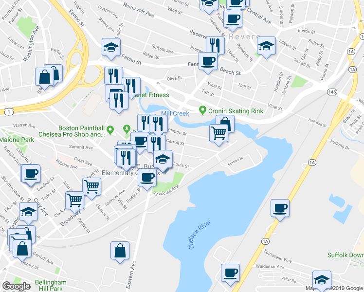 map of restaurants, bars, coffee shops, grocery stores, and more near 35 Clinton Street in Chelsea