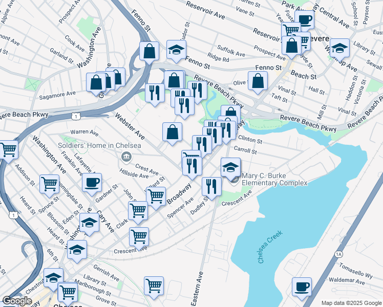 map of restaurants, bars, coffee shops, grocery stores, and more near 75 Gillooly Road in Chelsea