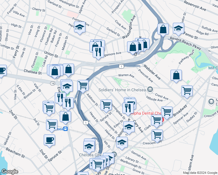 map of restaurants, bars, coffee shops, grocery stores, and more near 146 Franklin Avenue in Chelsea