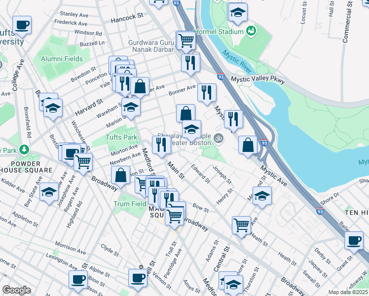 map of restaurants, bars, coffee shops, grocery stores, and more near 50 Hicks Avenue in Medford
