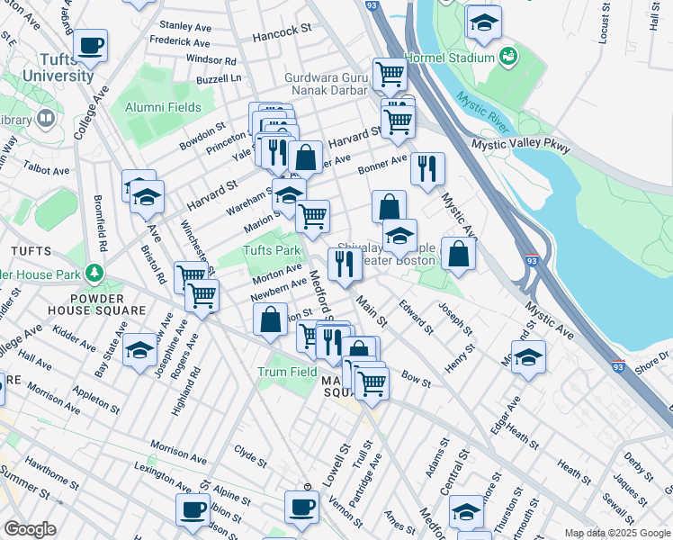 map of restaurants, bars, coffee shops, grocery stores, and more near 19 Ellis Avenue in Medford