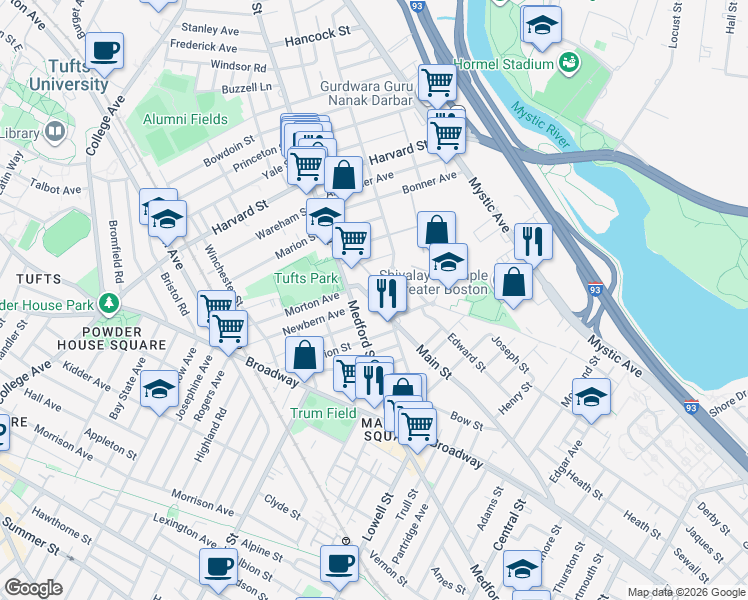 map of restaurants, bars, coffee shops, grocery stores, and more near 19 Ellis Avenue in Medford