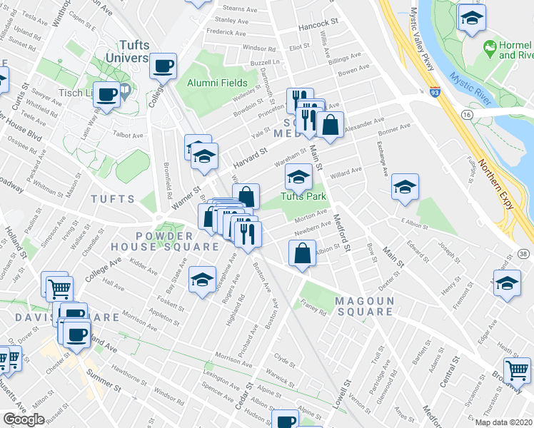 map of restaurants, bars, coffee shops, grocery stores, and more near 70 Marion Street in Medford