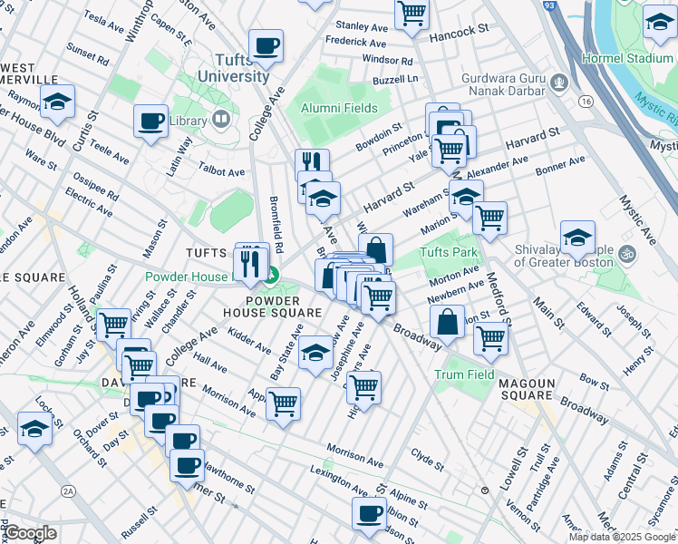 map of restaurants, bars, coffee shops, grocery stores, and more near 601 Boston Avenue in Medford
