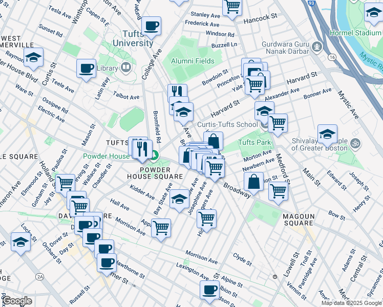 map of restaurants, bars, coffee shops, grocery stores, and more near 601 Boston Avenue in Medford