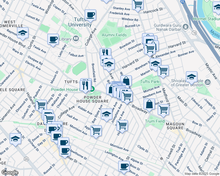 map of restaurants, bars, coffee shops, grocery stores, and more near 601 Boston Avenue in Medford