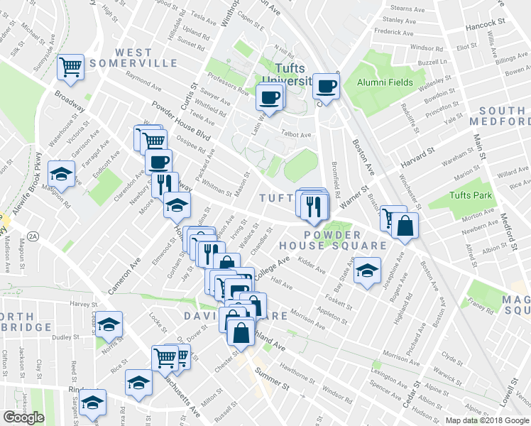 map of restaurants, bars, coffee shops, grocery stores, and more near 27 Burnham Street in Somerville