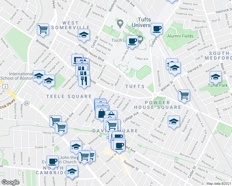 map of restaurants, bars, coffee shops, grocery stores, and more near 2 Whitman Street in Somerville