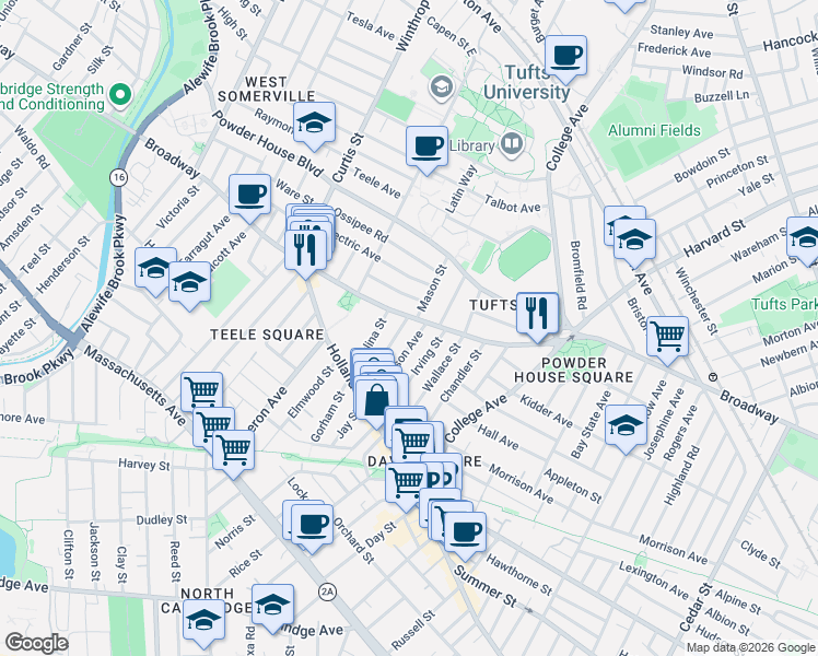 map of restaurants, bars, coffee shops, grocery stores, and more near 2 Whitman Street in Somerville