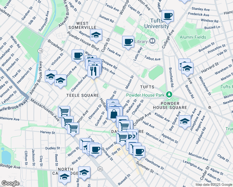 map of restaurants, bars, coffee shops, grocery stores, and more near 1043 Broadway in Somerville