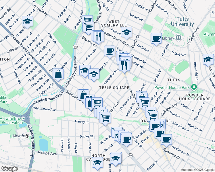 map of restaurants, bars, coffee shops, grocery stores, and more near 65 Clarendon Avenue in Somerville