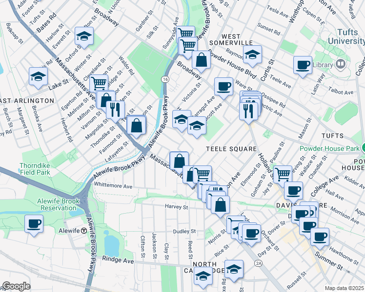 map of restaurants, bars, coffee shops, grocery stores, and more near 44 Matignon Road in Cambridge