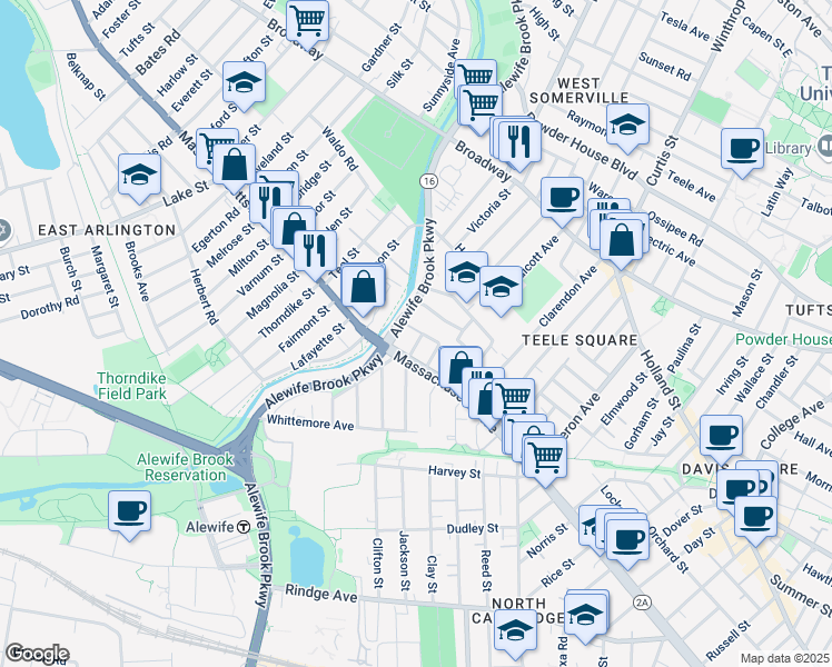 map of restaurants, bars, coffee shops, grocery stores, and more near 24 Alewife Brook Parkway in Cambridge