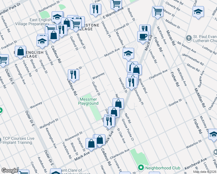 map of restaurants, bars, coffee shops, grocery stores, and more near 4227 Neff Avenue in Detroit