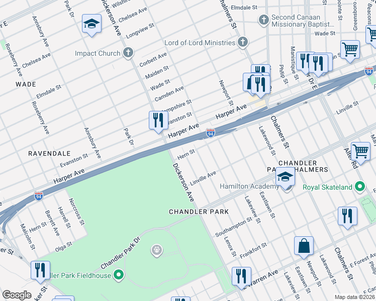 map of restaurants, bars, coffee shops, grocery stores, and more near 6140 Drexel Street in Detroit