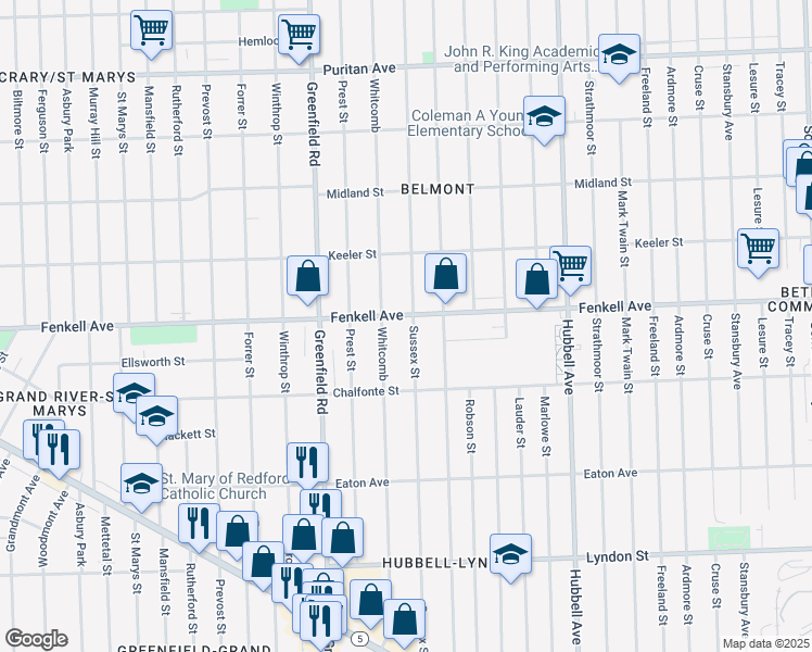 map of restaurants, bars, coffee shops, grocery stores, and more near 15318 Whitcomb in Detroit