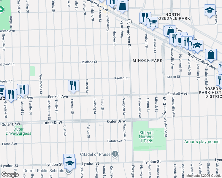 map of restaurants, bars, coffee shops, grocery stores, and more near 15361 Kentfield Street in Detroit
