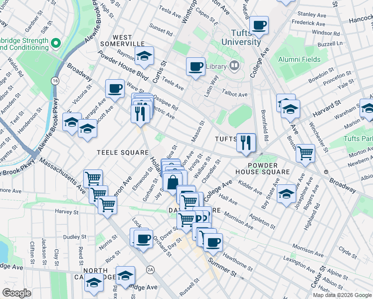 map of restaurants, bars, coffee shops, grocery stores, and more near 2 Whitman Street in Somerville