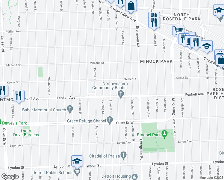 map of restaurants, bars, coffee shops, grocery stores, and more near 15328 Stout Street in Detroit
